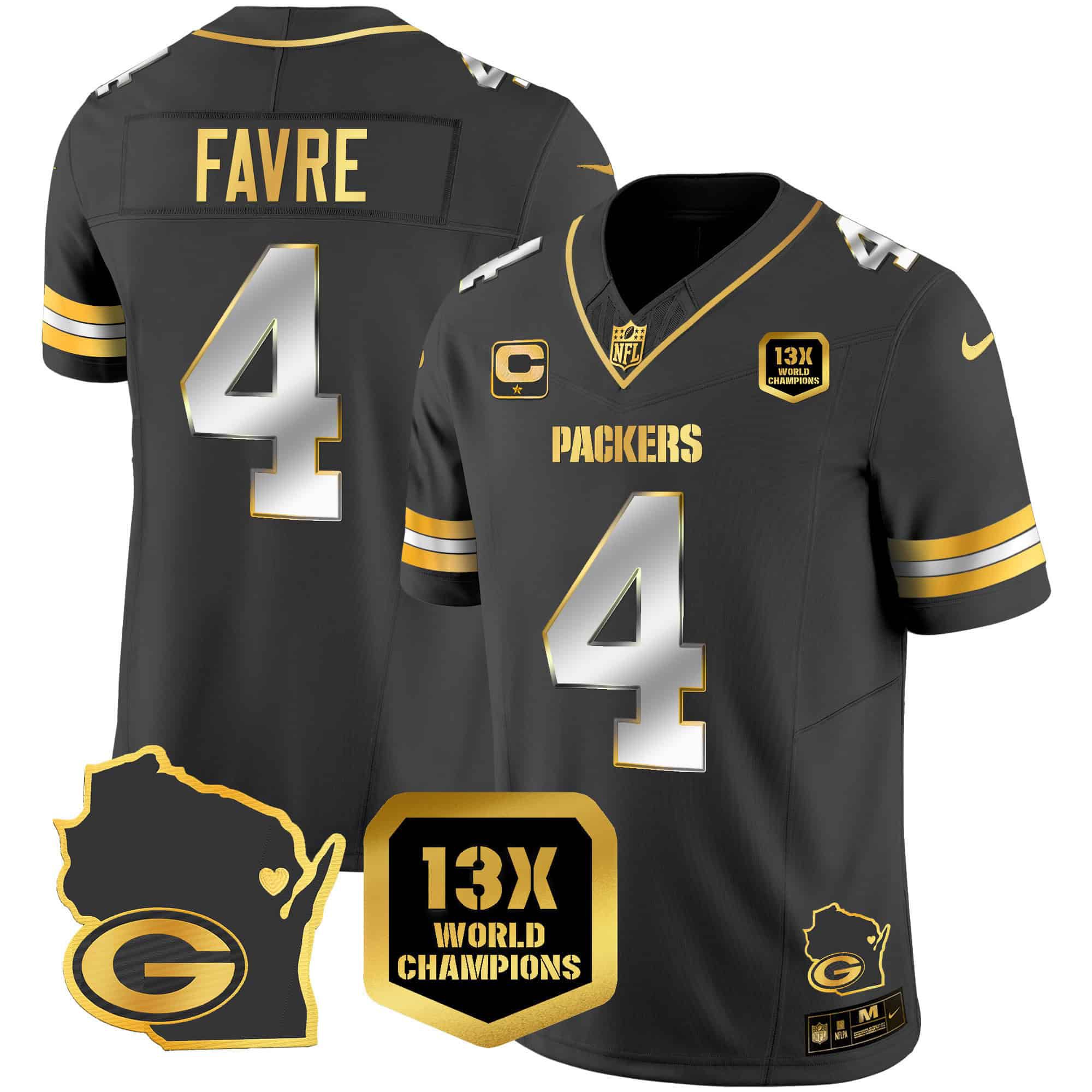 Men Green Bay Packers #4 Favre Black Gold 2024 Nike World Champions Home Patch Vapor NFL Jersey style 1